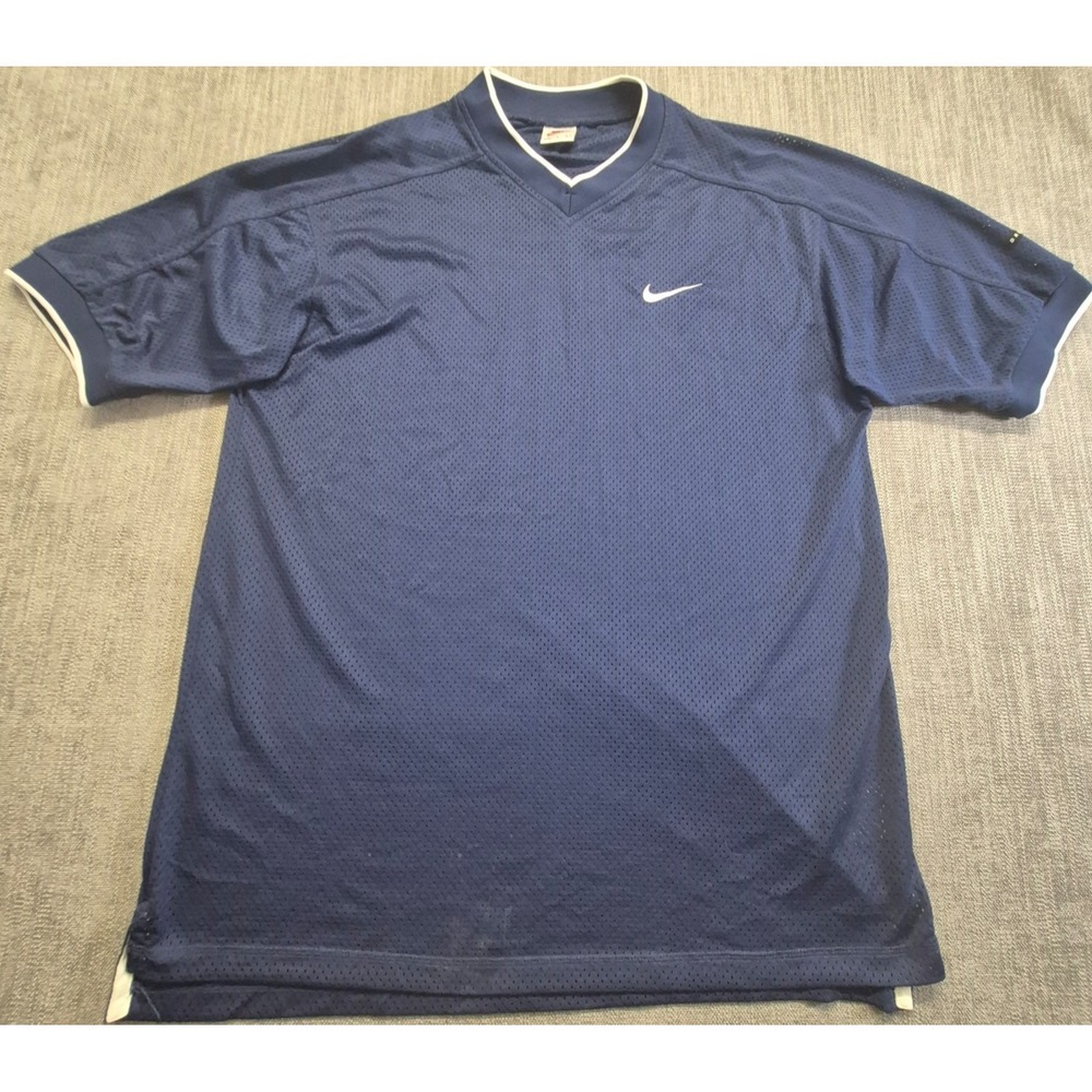 Vintage Nike Dri-FIT navy blue mesh training‎ Jersey shirt men's LG white swoosh